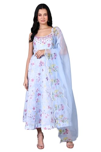 W for Woman Blue Floral Printed Thread Work Chanderi Flared Dress and Dupatta Set (Size: 3XL)-WS12493-125416