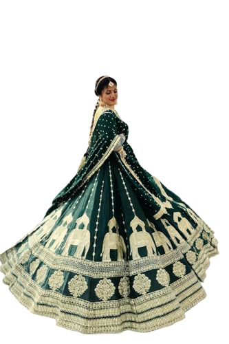 Artyfly Women Embroidered Chinon Silk Ethic Set with Dupatta Wedding and FestiveWear Traditional Outfit (Green)
