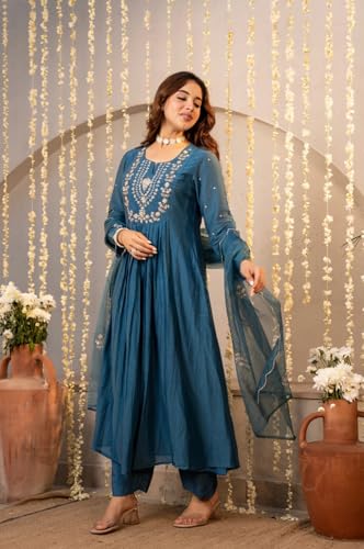VARNI FABRICS: A lady's First Love Women's Chanderi Silk Embroidered Anarkali Kurta With Pant And Dupatta Set,Ethnic Wear (IN, Alpha, M, Regular, Blue)