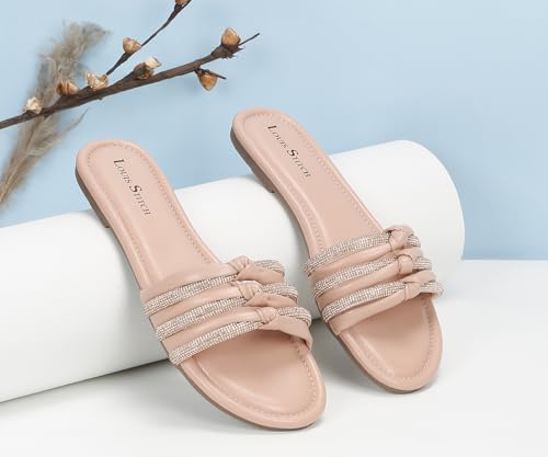 LOUIS STITCH Women's Fashion Flat Slip On Sandals | Open Toe Nude Stylish Flat Sandal for Ladies, Comfortable All day Wear Slipper | LSOF-LDSL-GLTSNU | (UK-6)