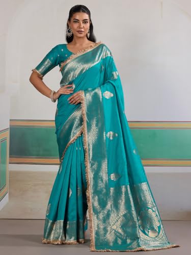 AKHILAM Women's Light Blue Satin Silk Ethnic Printed Saree With Unstitched Blouse Piece(KRNIVLWED002_RJ)
