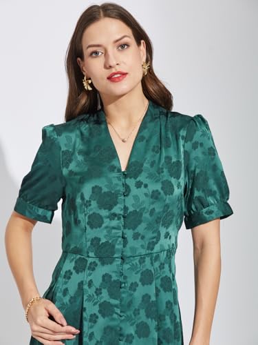 Latin Quarters Women Green V-Neck Half Sleeves Printed Knee Length A-Line Dress XL