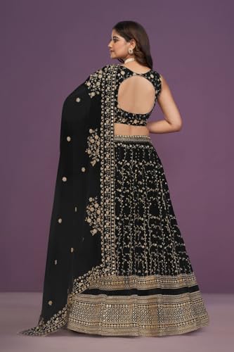 JIHU CULTURE Black Georgette Zari Embroidery Work Semi-Sttiched Lehenga Choli For Women (Black)