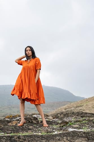 MIORAH Ethnic Dress for Women and Girls, Western Slub Cotton V Neck One-Piece for Women’s, Stylish Oversized Half Sleeve Midi Dress, Hand Embroidery with Metal Sequins (Colour- Orange, Size- 3XL)