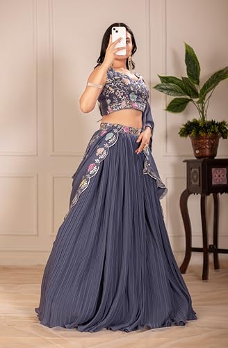 AMOSWAY Women's MULTI color Designer Thread, Zari Embroidery & Sequence work Lehenga Choli (lahenga stitched and choli unstitched) (GREY)