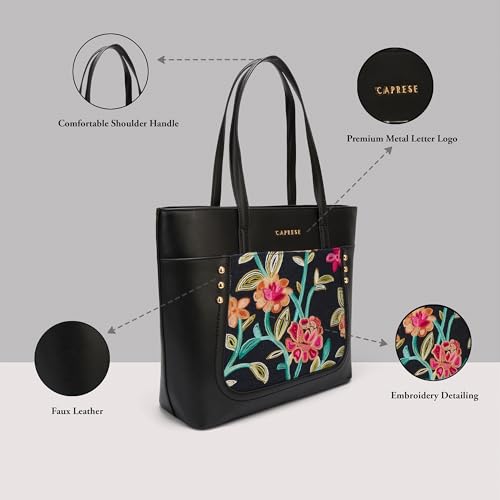 Caprese Elsa Large Tote Bag for Women Comfortable Shoulder Strap | Elegant Floral Embroidery & Solid Faux Leather Handbag | Spacious Multi-Compartment Shoulder Bag for Work & Travel (Black)