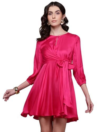 Label RITU KUMAR Round Neck Full Sleeves Solid Short Dress Fuschia