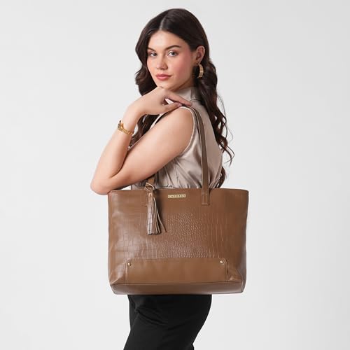 Caprese Sansa 16 Inch Laptop Large Tote Bag for Women | Stylish, Durable, Multi-Compartment Design for Work, Travel, Shopping | Comfortable Straps Shoulder and Handheld Bag for Daily Use (Tan)