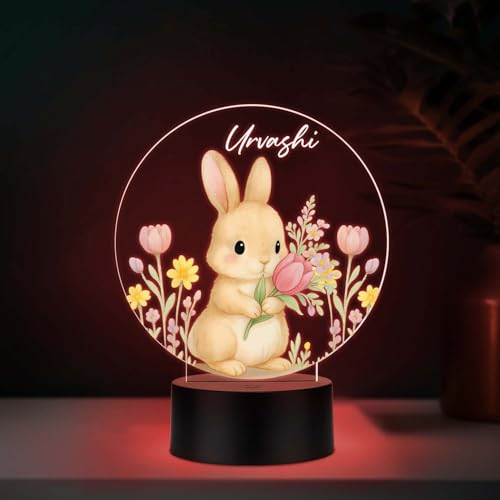 GIFTMEBAZAR Personalized Cute Rabbit Led Night Lamp with Automatic Color Changing Light & USB Powered | Childrens Room Bedside Desk Lamp Birthday Return Bunny Theme Gift for Kids