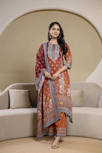 NIVANA Embroidered & Printed Asymmetric Kurta with Palazzo & Printed Dupatta| S | Rust | Paisley & Floral Print | 3 Piece Ethnic Set