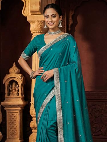 AKHILAM Women's Light Blue Vichitra Silk Embellished Saree With Unstitched Blouse Piece (GOPI4401_AI)