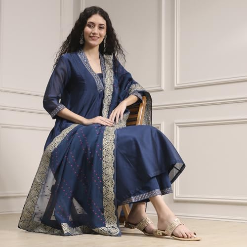 Biba Women Blue Chanderi Gathered Dyed Kurta Set_42