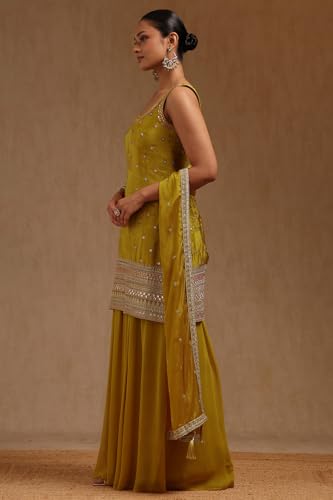 Soch Womens Mustard Tissue Embroidered Suit Set With Mirror Work