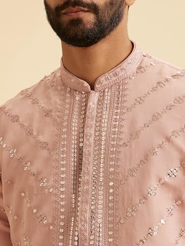 Manyavar Men's Art Silk Mirror Work Embroidered Kurta Pajama Set (Dusty Pink,L)