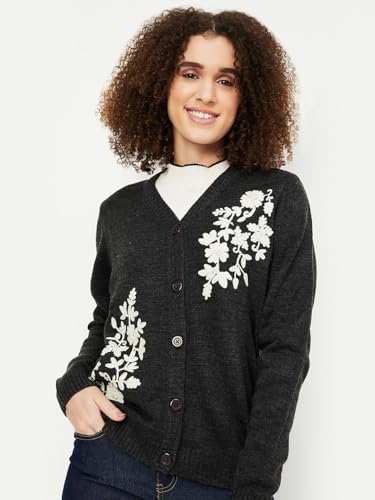 Max Women's Acrylic Casual Cardigan Sweater (CARDE45003_Grey