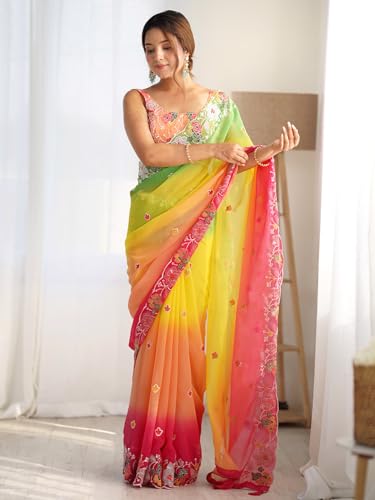 AKHILAM Women's Yellow Georgette Embroidered Saree With Unstitched Blouse (KESARI10703_KR)