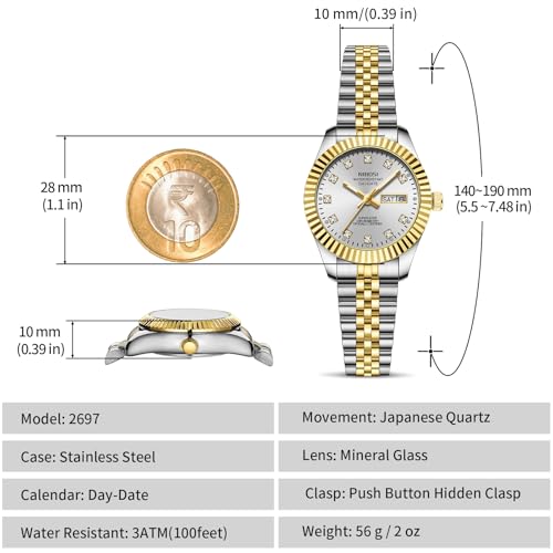 NIBOSI Watches for Woman Analog Quartz Stainless Steel Diamond Rose Gold Green Small Dial Women Watches Classic Wrist Watch Date Waterproof (A02-Gold Silver White)