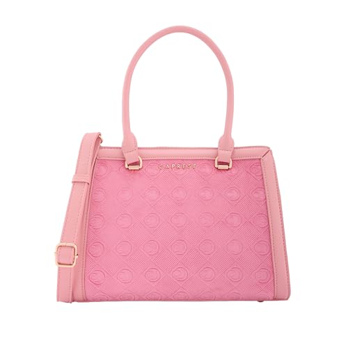 Caprese Katherine Medium Monogram Velvet Satchel for Women | Elegant Multi-Compartment Shoulder Handbag with Adjustable & Detachable Strap | Textured Velvet Designer Work & Party Purse (Pink Sorbet)