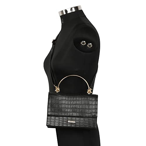 Fastrack Women's Croco Textured Satchel with Dainty Metal Handle, Detachable Sling Strap & Button Closure, Black