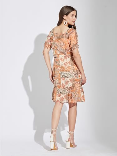 Latin Quarters Women Orange Square Neck Half Sleeves Printed Knee Length A-Line Dress for Casual Wear_XL