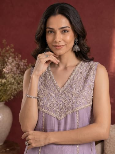 Varanga Women Lavender Kurta Set V Neck Sleeveless Silk Georgette