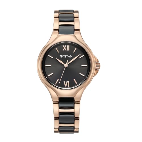 Titan Work Essentials with Black Dial Rose Gold Metal Strap Watch for Women - 95380KD01