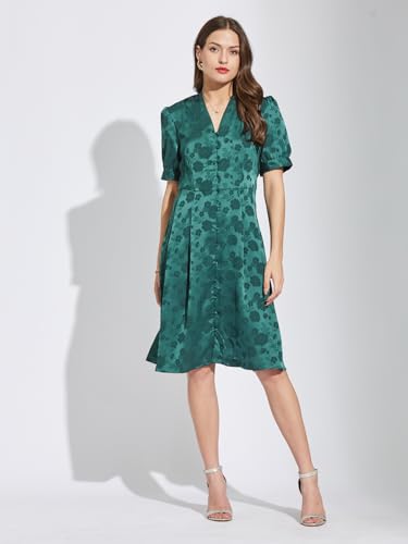 Latin Quarters Women Green V-Neck Half Sleeves Printed Knee Length A-Line Dress XL