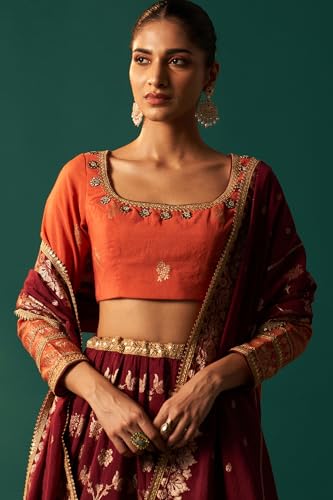 Wishful Women's Orange Zari Embroidered Jacquard Blouse with Flared Maroon Skirt and Dupatta Set (SP13159-314462-XL)