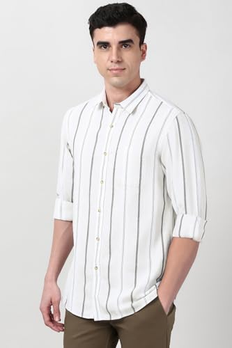 Peter England Cotton Linen Blend Shirt for Men – Full Sleeves, Subtle Stripes Beige