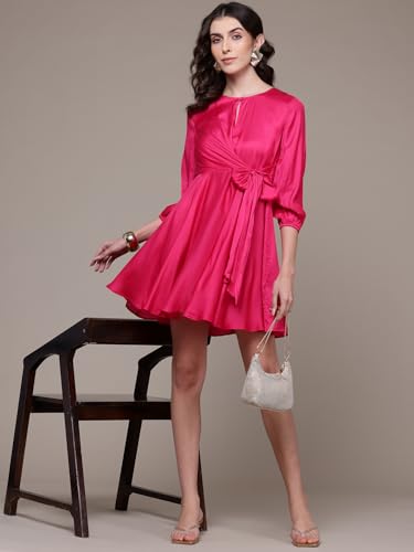 Label RITU KUMAR Round Neck Full Sleeves Solid Short Dress Fuschia