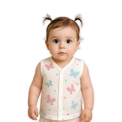 Kidbea Cotton Muslin Jhabla for Newborn Boys & Girls Sleeveless V-Neck Vest with Button Closure | Cute Multi Printed Baby Jabla, Pack of 2 (0-3 Months)