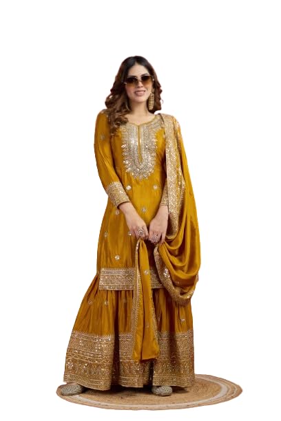 Brulry Women's Yellow Embroidered Chinnon Silk Kurta with Palazzo & With Dupatta