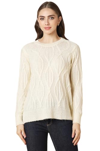 Allen Solly Women's Acrylic Crew Neck Sweater (AHSWCRGFC68593_Cream