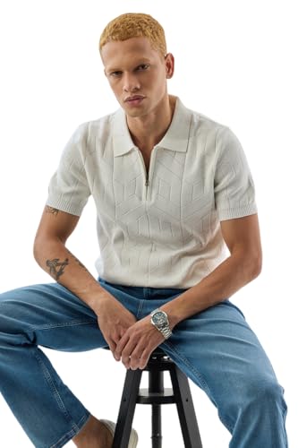 SNITCH Men T-Shirts | Textured Self-Design Polo Collar with Zipper Closure | 100% Cotton Slim Fit Breathable Fabric for Casual & College Wear | White