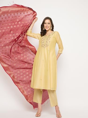 Rangavali Beige Gold Embroidered Festive Anarkali Suit Set | Chanderi Readymade Outfit Kurti, Pant & Banarasi Dupatta for Women | Kurti Set for Ladies | 3 Pcs, M, 34