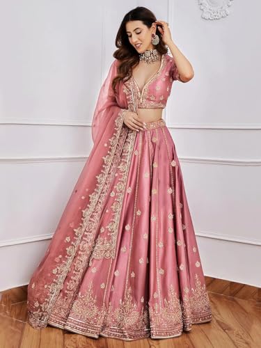 Zeel Clothing Women's Art Silk Semi-Stitched Sequins Dori Embroidered Lehenga Choli with Dupatta (7091-Pink-s-Lehenga-Choli-Latest; Free Size) (Pink)