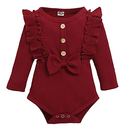 Hopscotch Baby Girls Polyester And Spandex Solid Bow Applique Bodysuit Suit Set in Burgundy Color For Ages (9-12 Months)