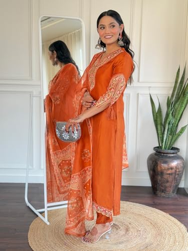 VARNI FABRICS: A lady's First Love Women's Viscose Embroidered Kurta Pant With Printed Dupatta, Floral Embroidery, Ethnic Wear Set (IN, Alpha, 2XL, Regular, Rust)