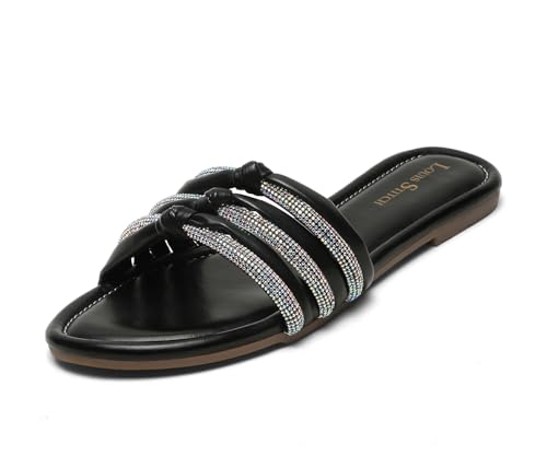 LOUIS STITCH Women's Fashion Flat Slip On Sandals | Open Toe Black Stylish Flat Sandal for Ladies, Comfortable All day Wear Slipper | LSOF-LDSL-GLTSJB | (UK-3)