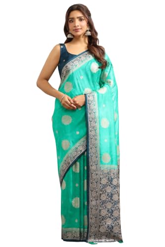 Soch Womens Teal Viscose Botanical Zari Woven Saree With Stone Work