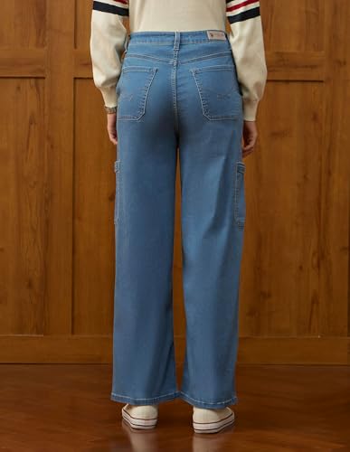 U.S. POLO ASSN. High Rise Wide Leg Cargo Jeans (UWAW25JEN374_Mid Blue Khaki Tint_32)