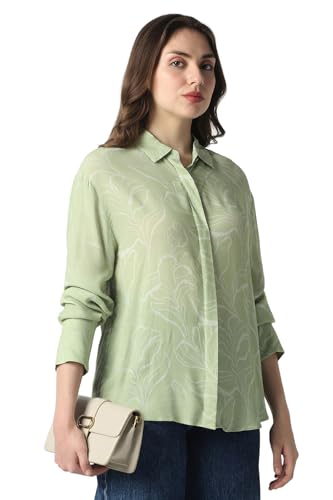 Women Green Print Long Sleeves Formal Shirt