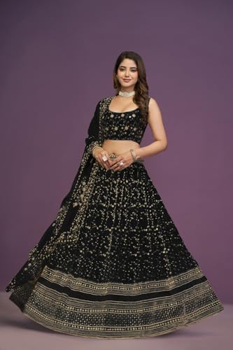 JIHU CULTURE Black Georgette Zari Embroidery Work Semi-Sttiched Lehenga Choli For Women (Black)
