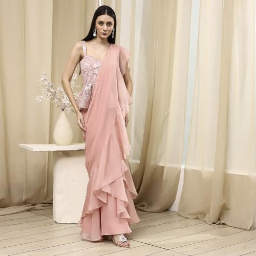 Biba Women Nude-Colored Peplum Pre-Draped Saree_34