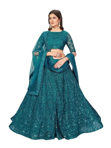 Zeel Clothing Womens Thread Sequins Embroidery Soft Semi-Stitched Net Lehenga Choli Set With Dupatta (6017-Teal-Green-Wedding-Stylish-Latest; Free Size)