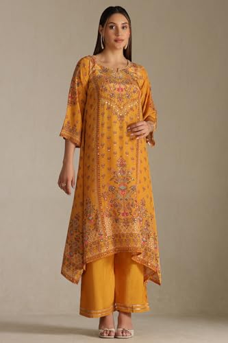Soch Womens Mustard Crepe Floral Print Suit Set With Stone Work