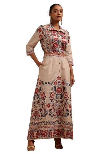 Soch Womens Beige Cotton Slub Floral Printed Co-Ords Set