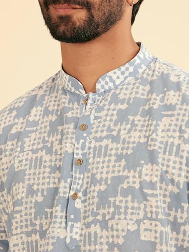 Manyavar Men's Cotton Printed Casual Short Kurta (Light Blue,XL)