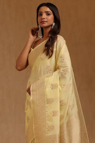 Soch Womens Light Yellow Tussar Floral Zari Woven Saree