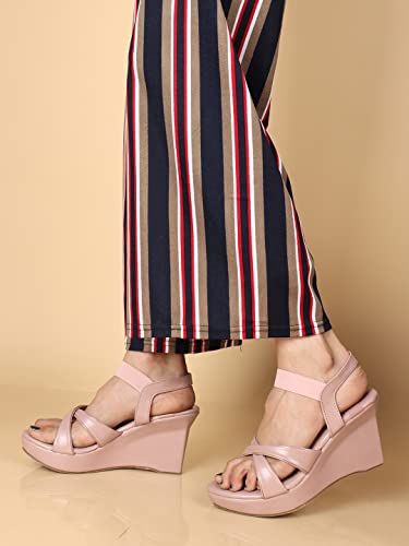 XE Looks Women's Peach Wedge Heel Sandals | Stylish Cross Strap Slip-On Sandals for Girls | Comfortable Cushioned Sole | Open Toe Design | Ideal for Casual